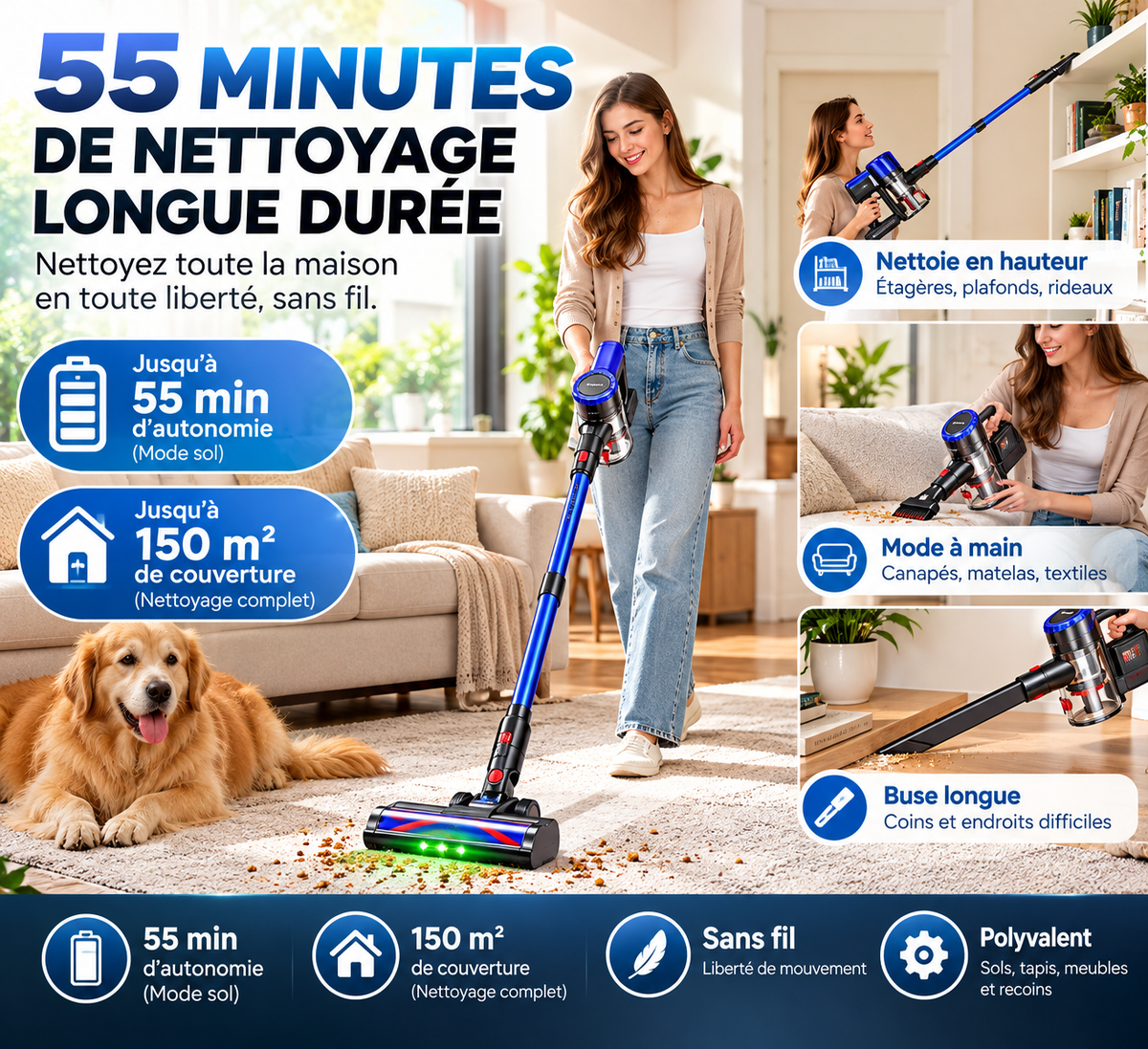 Aspirateur Balai Sans Fil 450 W 55 kPa – Autonomie 55 min, Écran LED, Brosse Motorisée, Sols et Tapis