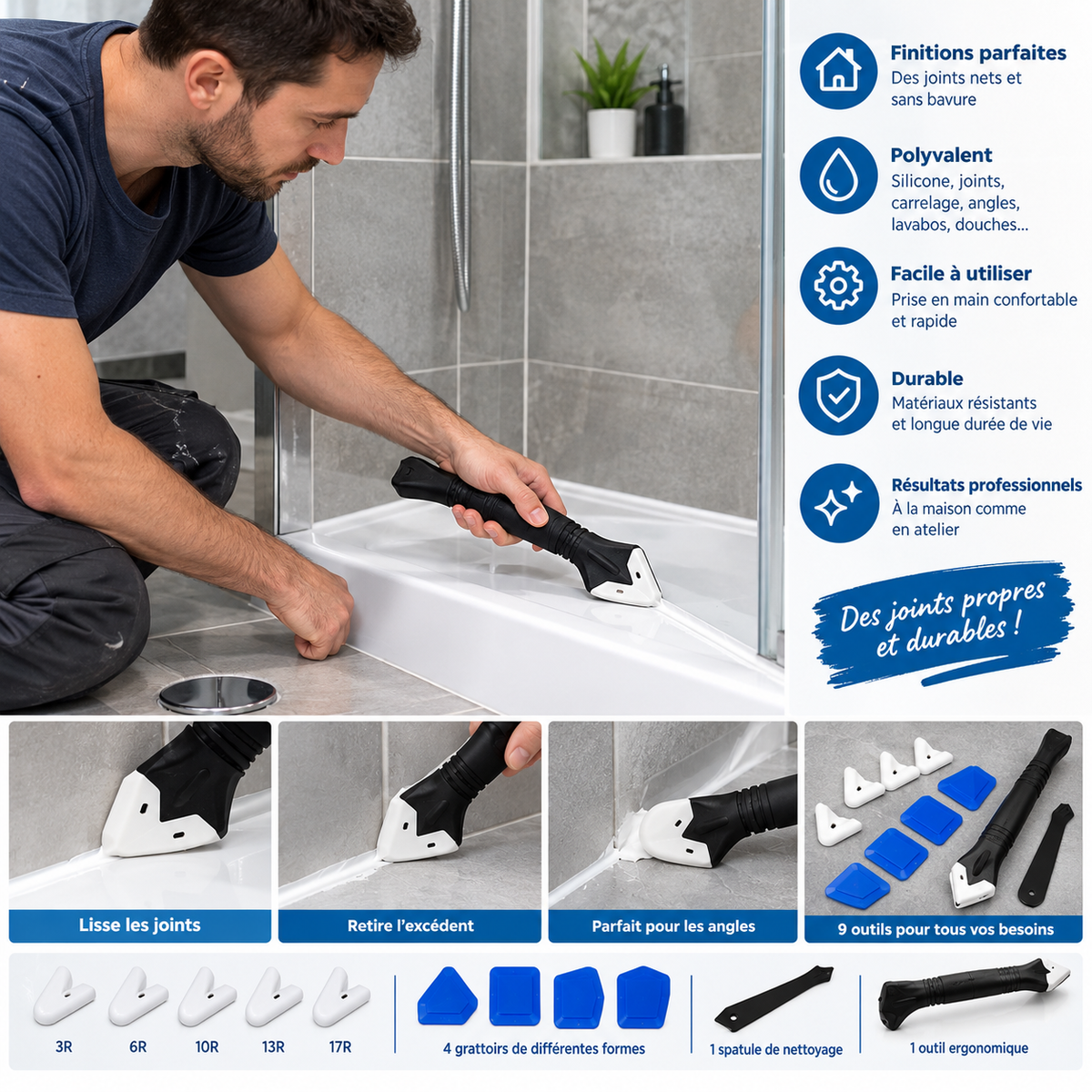 Outil 9 en 1 pour joints silicone – Lisseur et grattoir pour finition
