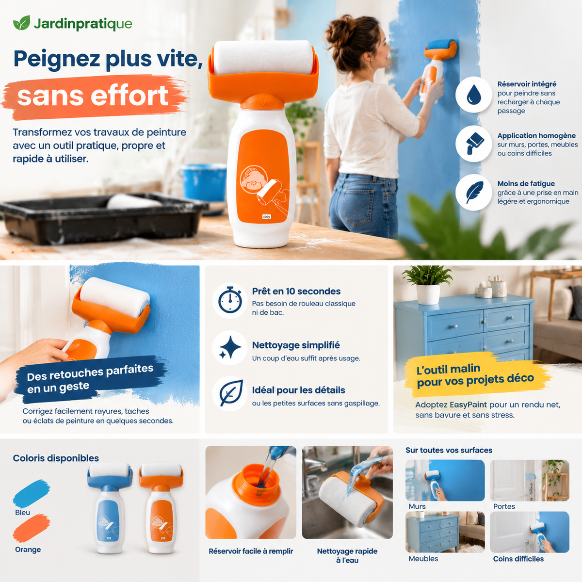 Rouleau de Peinture Réutilisable avec Réservoir Intégré – Peinture Murale, Retouches & Décoration