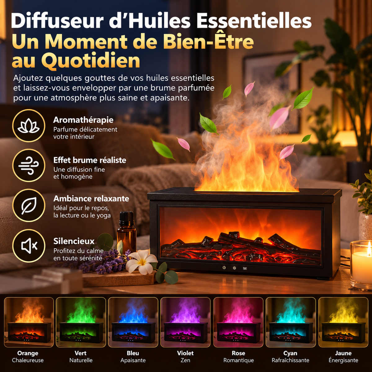 Diffuseur d’Arômes Effet Cheminée 3D 280 ml – Brume Ultrasonique, LED 7 Couleurs & Arrêt Automatique