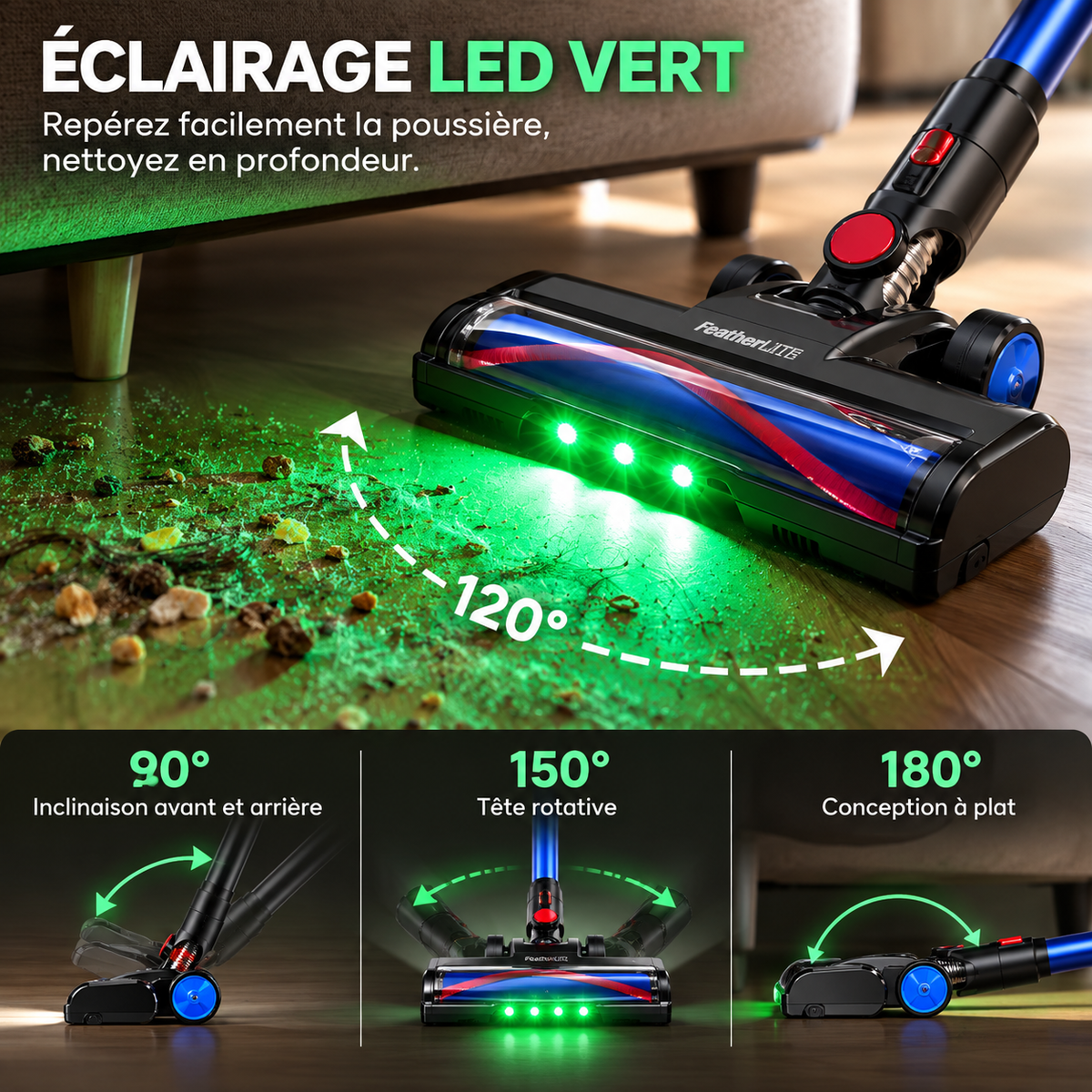 Aspirateur Balai Sans Fil 450 W 55 kPa – Autonomie 55 min, Écran LED, Brosse Motorisée, Sols et Tapis