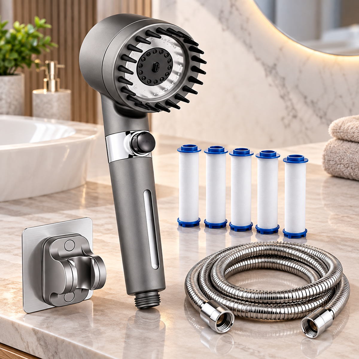 Pommeau de Douche Haute Pression 3 Modes avec Bouton Stop – Douchette à Main avec Filtre et Picots Silicone