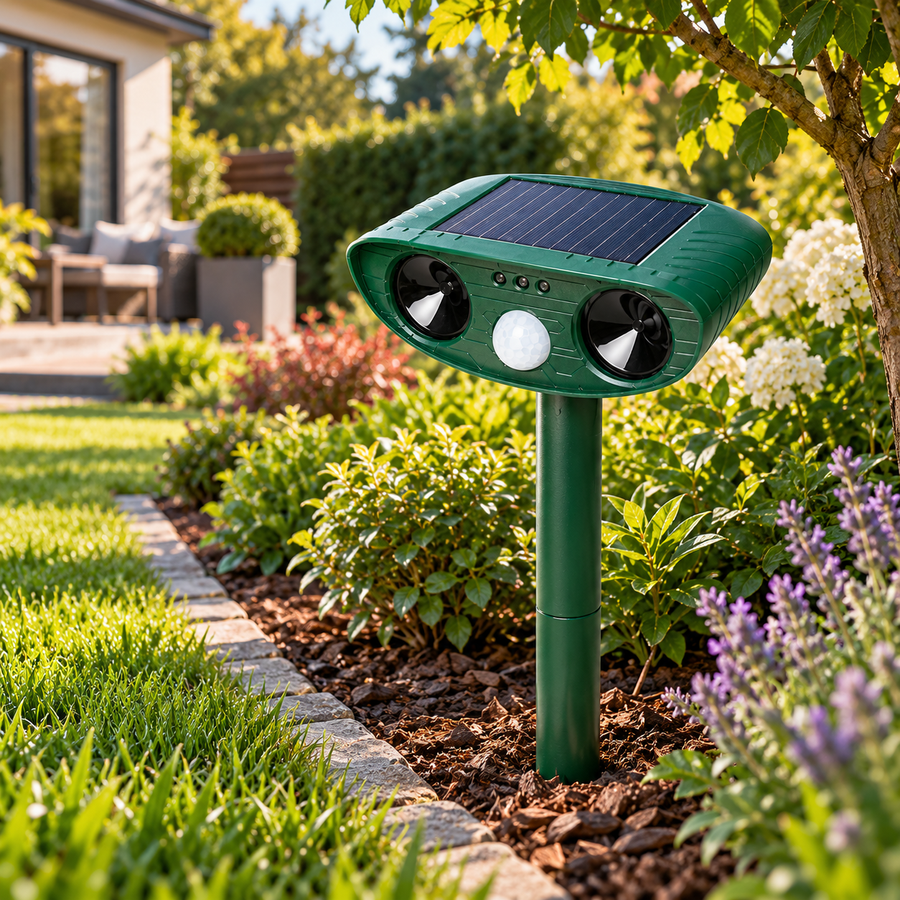 Répulsif Solaire à Ultrasons pour Jardin – Détecteur de Mouvement 110° avec Flash LED