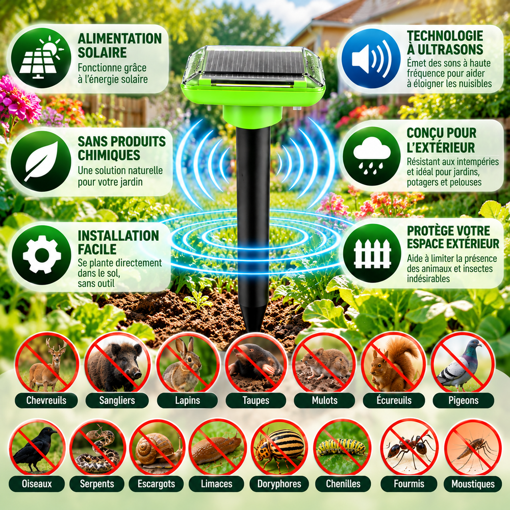 Répulsif Solaire à Ultrasons et Vibrations pour Taupes, Rongeurs et Serpents – Piquet Anti-Nuisibles IP66