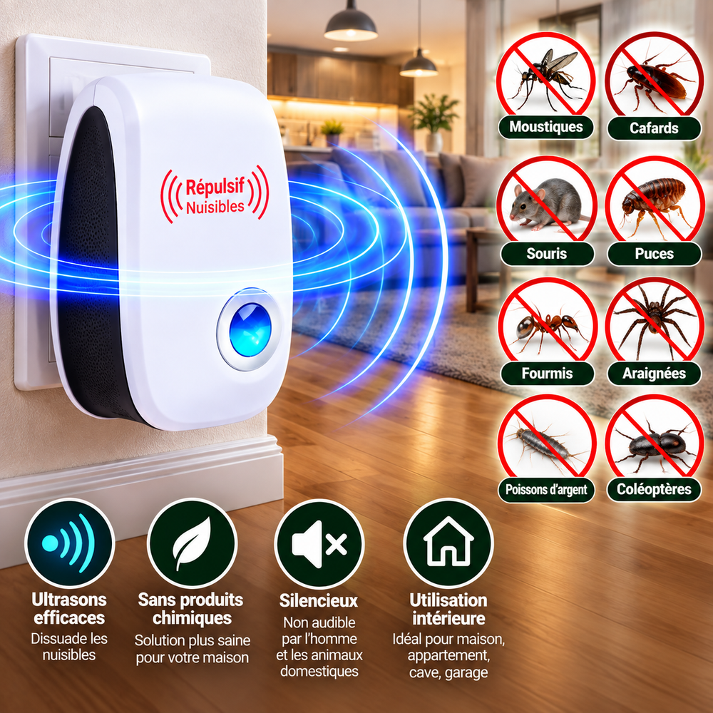 Répulsif à Ultrasons Anti-Nuisibles pour Maison – Souris, Cafards, Moustiques et Insectes – Usage Intérieur 100–240 V