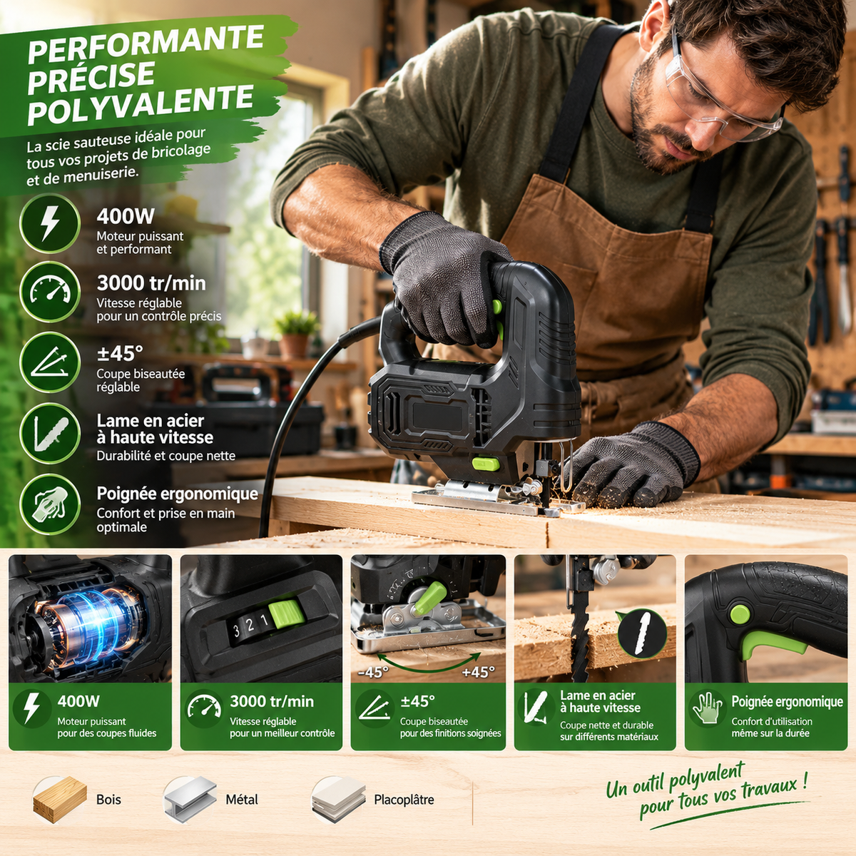 Scie sauteuse électrique 400 W – 3000 tr/min, coupe ±45°, bois
