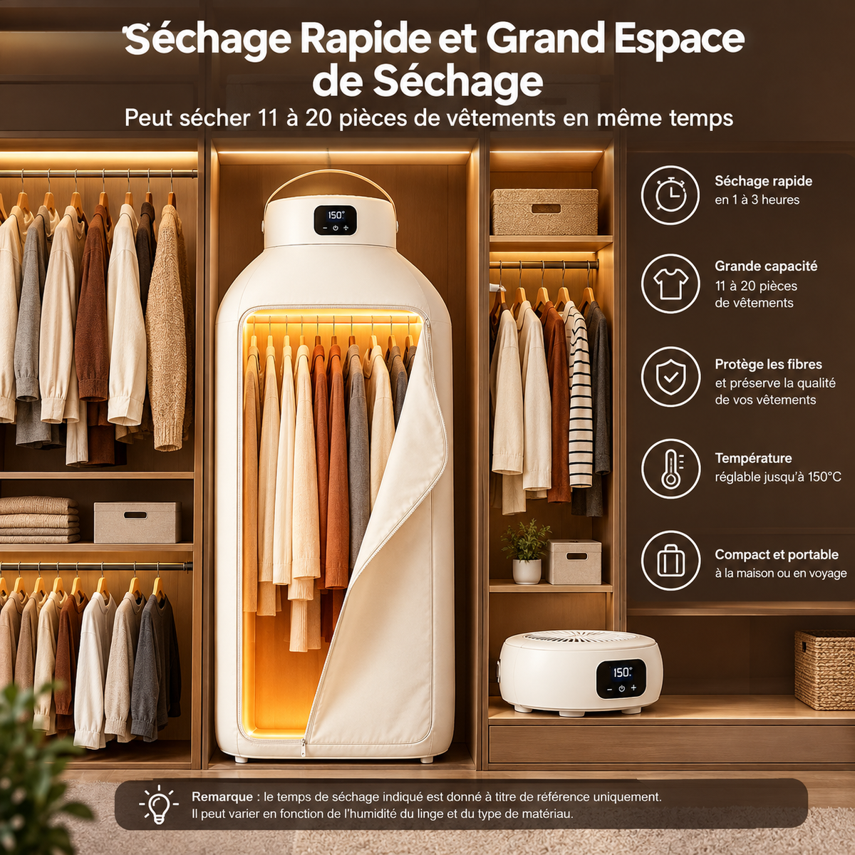 Sèche-linge Portable – Séchage Rapide, Grande Capacité 20 Vêtements, Minuterie Programmable et Fonctionnement Silencieux