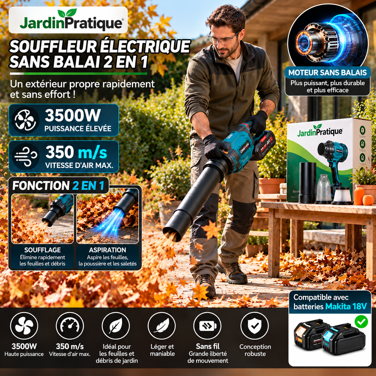 Souffleur Aspirateur Sans Fil 2 en 1 – Moteur Sans Balais pour Feuilles, Poussière et Débris