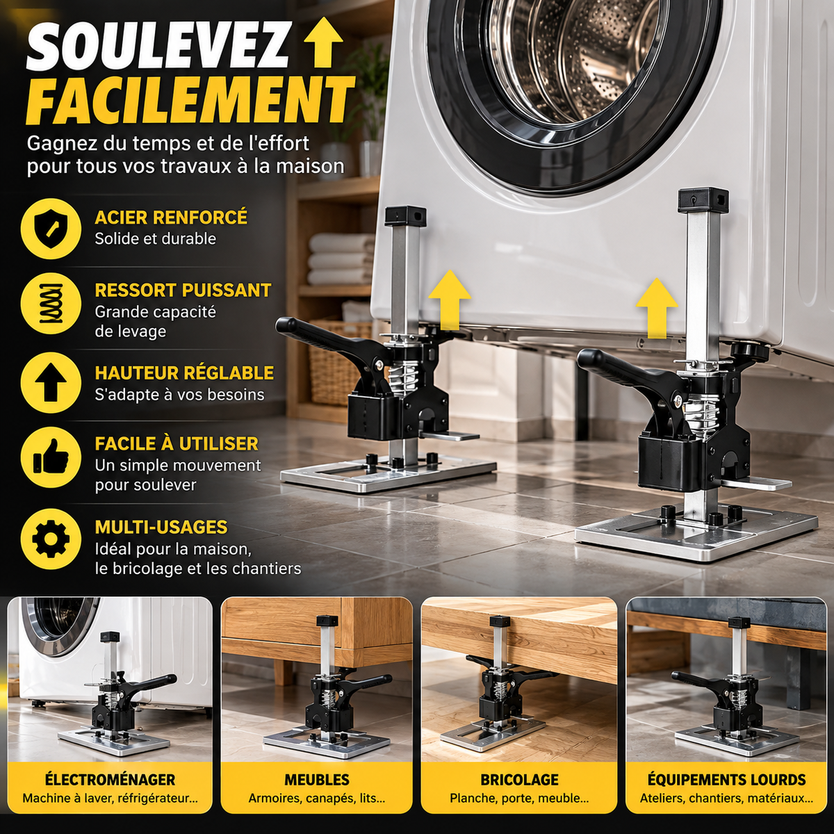 Cric à Bras de Levage 240 kg – Réglable 23 cm, Acier Renforcé & Base Antidérapante