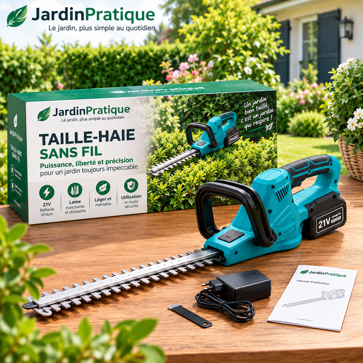 Taille-haie sans fil 21 V, lame double action 51 cm, 7200 cpm, coupe précise et entretien facile des haies