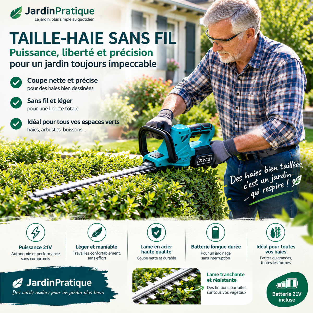 Taille-haie sans fil 21 V, lame double action 51 cm, 7200 cpm, coupe précise et entretien facile des haies