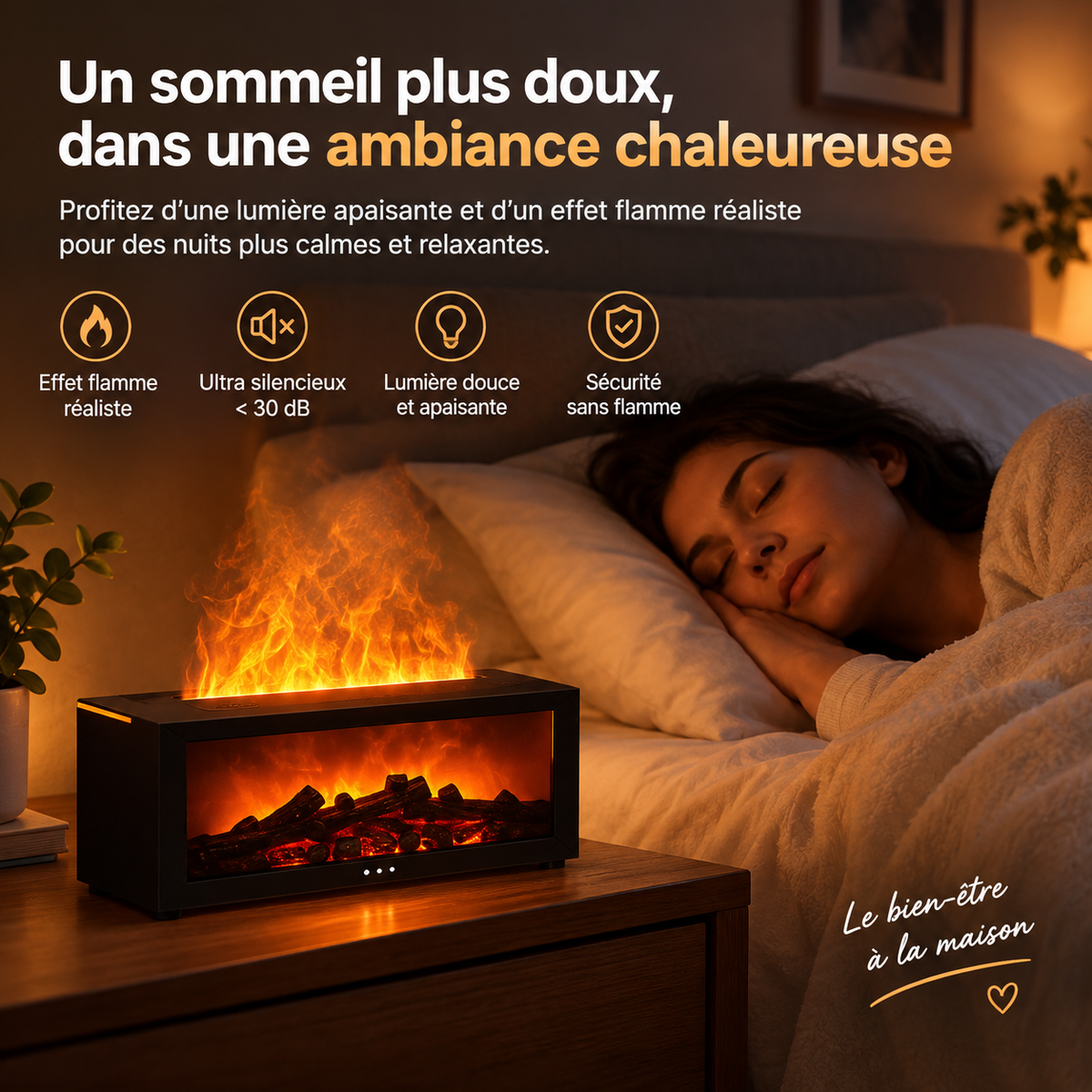 Diffuseur d’Arômes Effet Cheminée 3D 280 ml – Brume Ultrasonique, LED 7 Couleurs & Arrêt Automatique