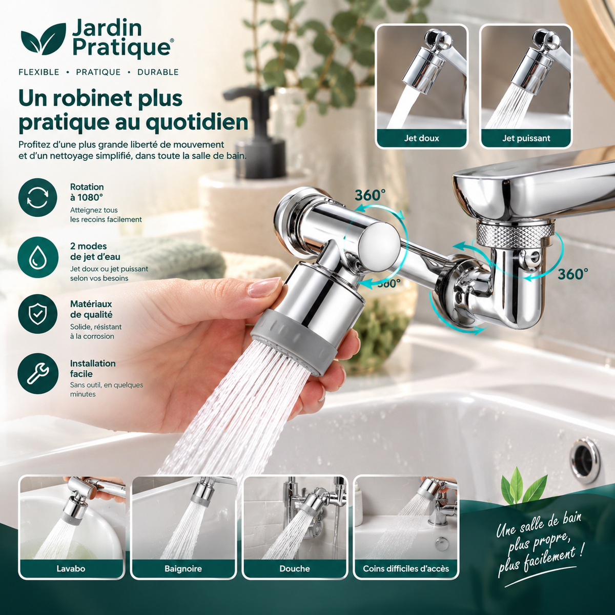 Extension de Robinet Pivotante 360° – Douchette 2 Jets pour Évier, Adaptateur Robinet Orientable