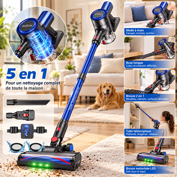Aspirateur Balai Sans Fil 450 W 55 kPa – Autonomie 55 min, Écran LED, Brosse Motorisée, Sols et Tapis