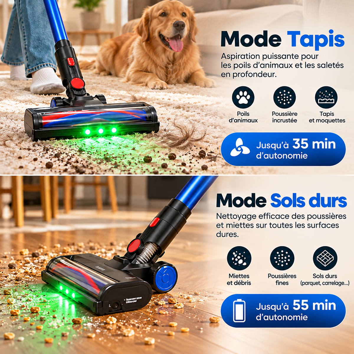 Aspirateur Balai Sans Fil 450 W 55 kPa – Autonomie 55 min, Écran LED, Brosse Motorisée, Sols et Tapis