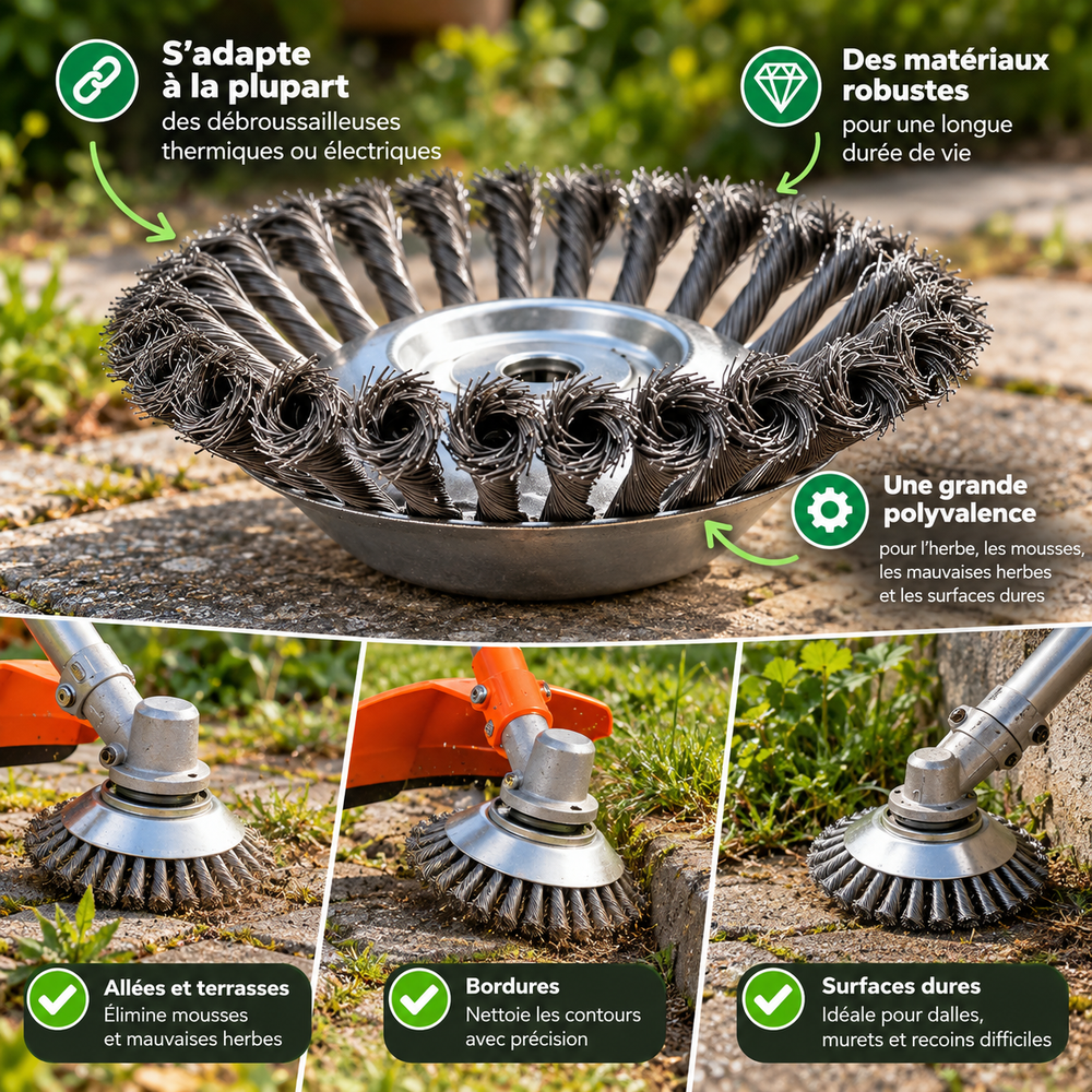 Brosse de Désherbage en Acier pour Débroussailleuse – Tête Rotative pour Mauvaises Herbes, Mousse et Bordures