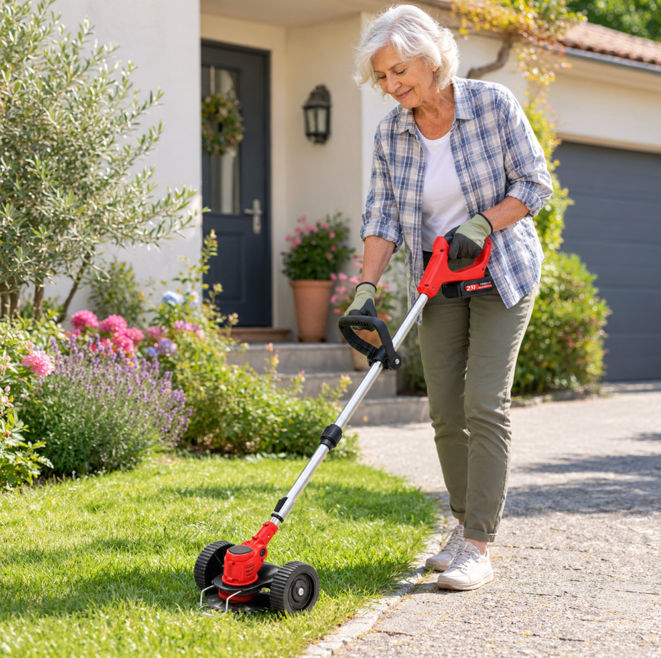 Coupe-Bordure Électrique Sans Fil 21V avec 2 Batteries – Débroussailleuse de Jardin Légère et Réglable
