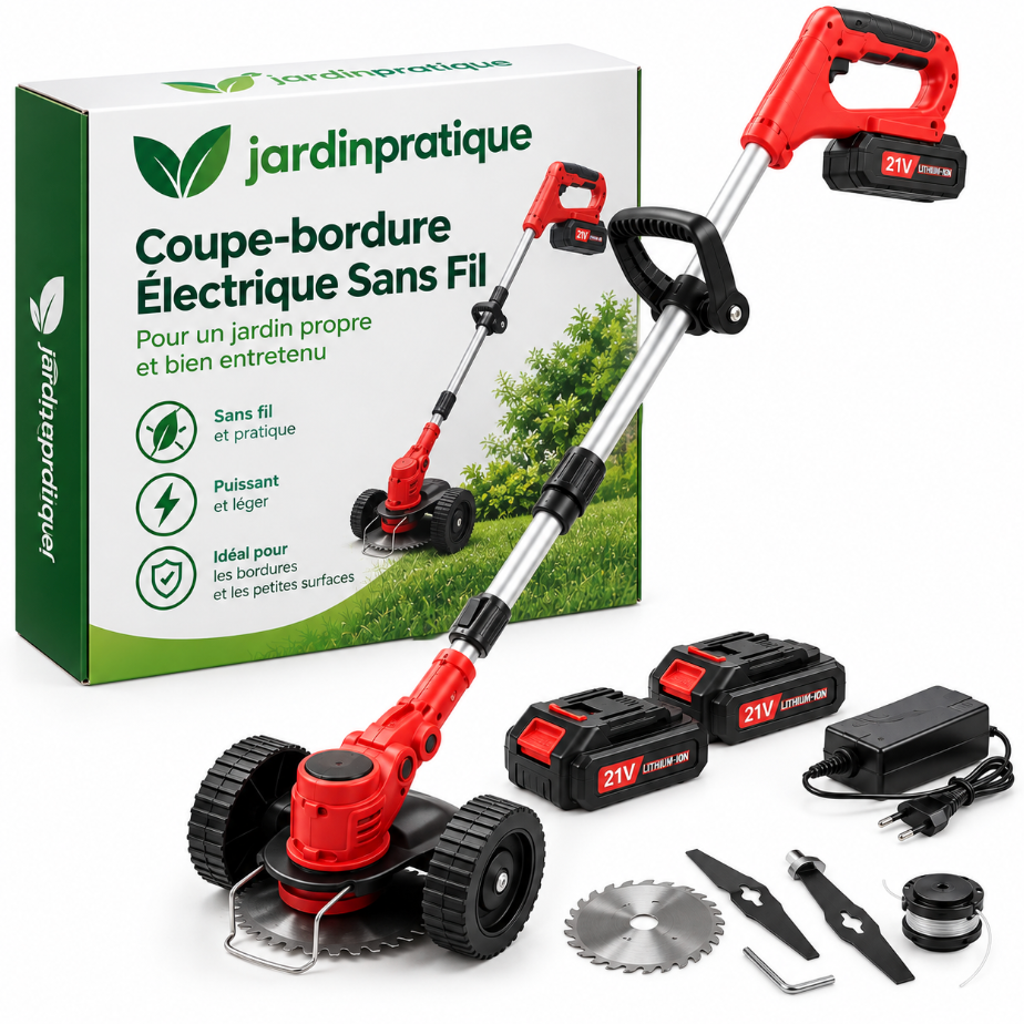 Coupe-Bordure Électrique Sans Fil 21V avec 2 Batteries – Débroussailleuse de Jardin Légère et Réglable