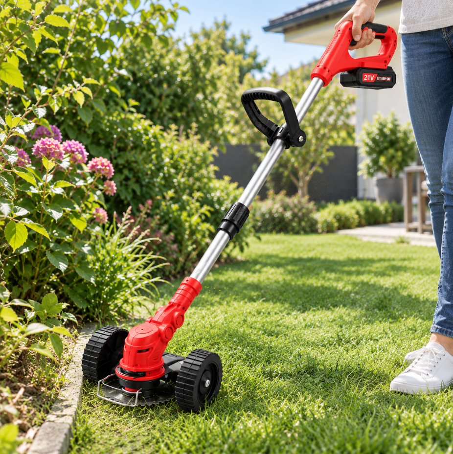 Coupe-Bordure Électrique Sans Fil 21V avec 2 Batteries – Débroussailleuse de Jardin Légère et Réglable
