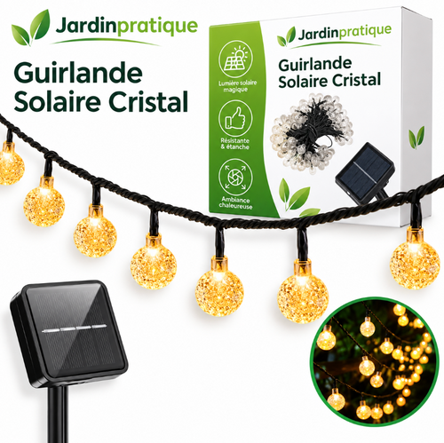 Guirlande Solaire Cristal – 60 LED, 8 Modes, Lumière Chaude, IP65, Extérieur Jardin Terrasse