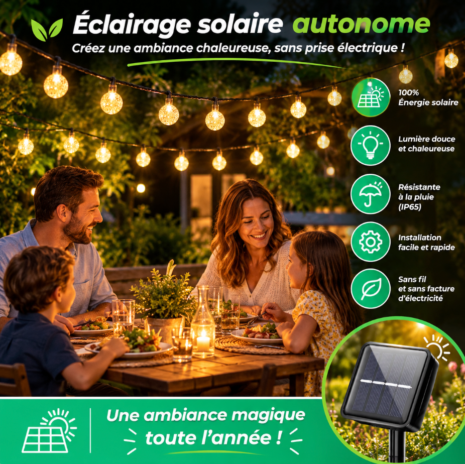 Guirlande Solaire Cristal – 60 LED, 8 Modes, Lumière Chaude, IP65, Extérieur Jardin Terrasse