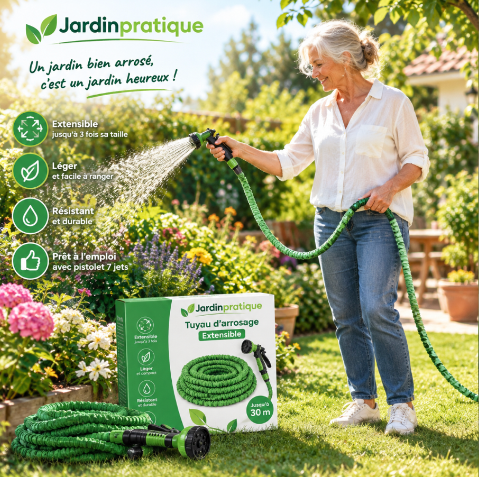 Tuyau d’arrosage extensible jusqu’à 30 m – 8 modes de jet avec pistolet