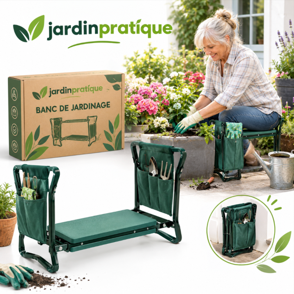 Banc de jardinage pliable 2 en 1 – Siège et genouillère de jardin avec coussin