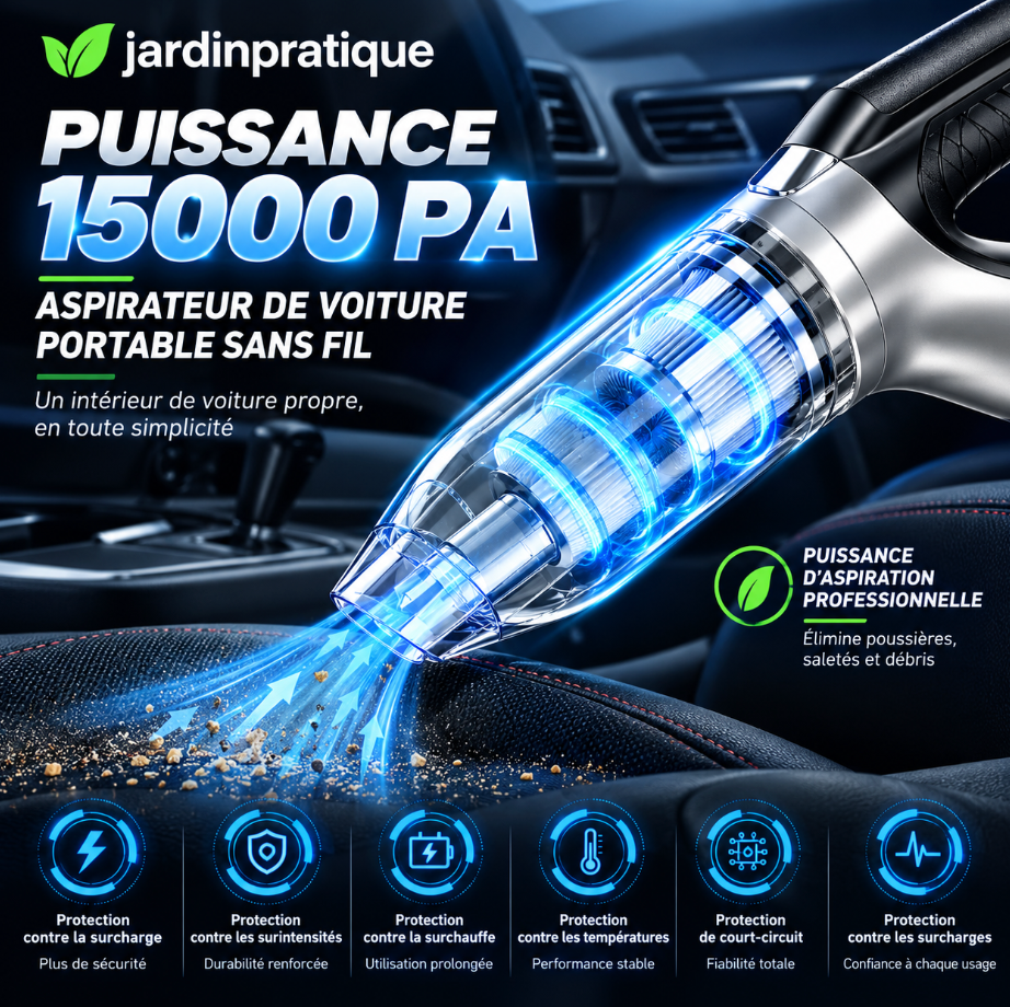 Aspirateur Voiture Sans Fil 3 en 1 Brushless 15000 Pa avec Embouts