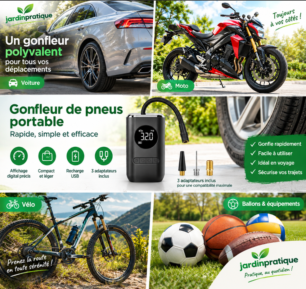 Gonfleur de Pneus Portable 150 PSI, Compresseur Sans Fil 4 Modes