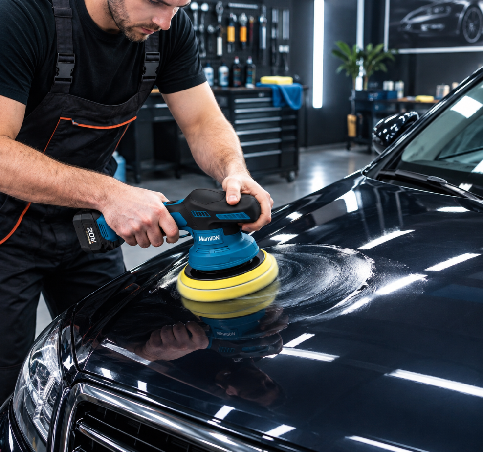 Polisseuse Voiture Sans Fil 12V avec 1 Batterie – 6 Vitesses, 9 Tampons - Lustreuse Carrosserie Auto - Polissage Rapide