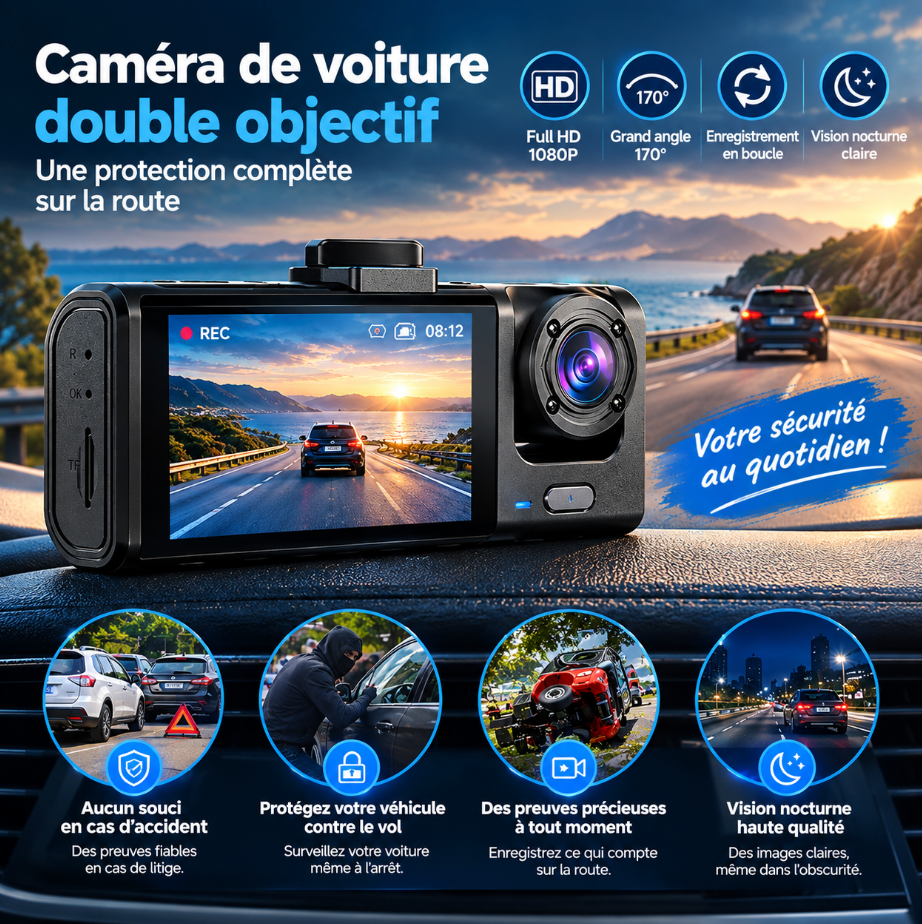Dashcam Voiture Double Caméra 1080P – Caméra Embarquée Avant & Intérieur, Vision Nocturne IR, Écran LCD, Enregistrement en Boucle