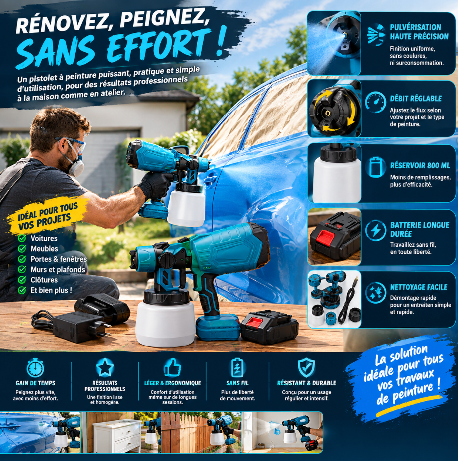 Pistolet de Peinture Électrique Sans Fil 18V – Pulvérisateur HVLP 800 ml avec Batterie, 3 Modes de Pulvérisation