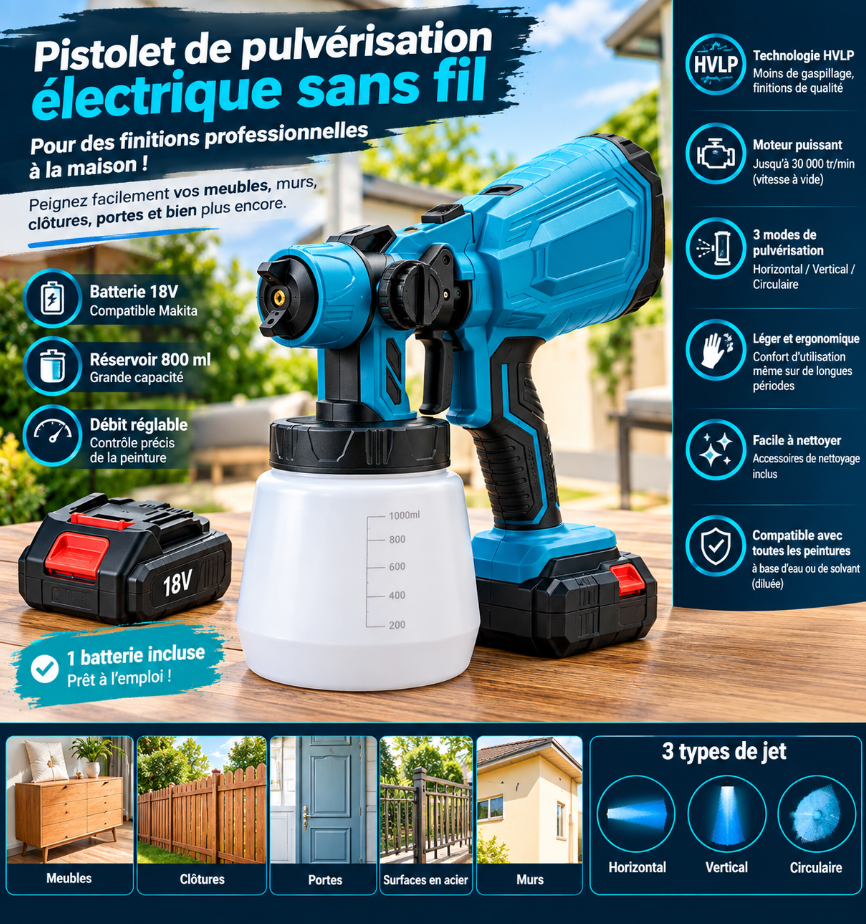 Pistolet de Peinture Électrique Sans Fil 18V – Pulvérisateur HVLP 800 ml avec Batterie, 3 Modes de Pulvérisation