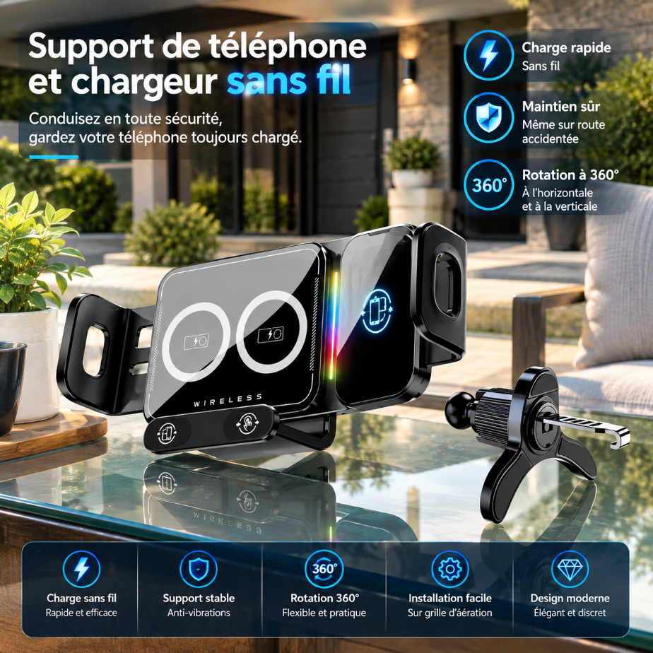 Chargeur Voiture Sans Fil 15W 2 en 1 avec Support Téléphone Automatique, Rotation 90°, Capteur Infrarouge