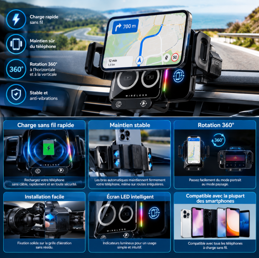 Chargeur Voiture Sans Fil 15W 2 en 1 avec Support Téléphone Automatique, Rotation 90°, Capteur Infrarouge