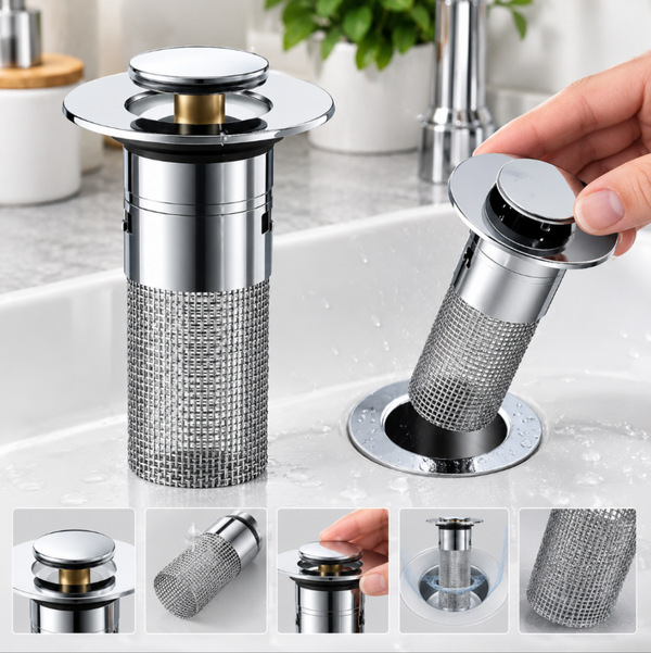 Bouchon de lavabo avec panier filtre en acier inoxydable – Filtre cheveux et débris, vidage facile