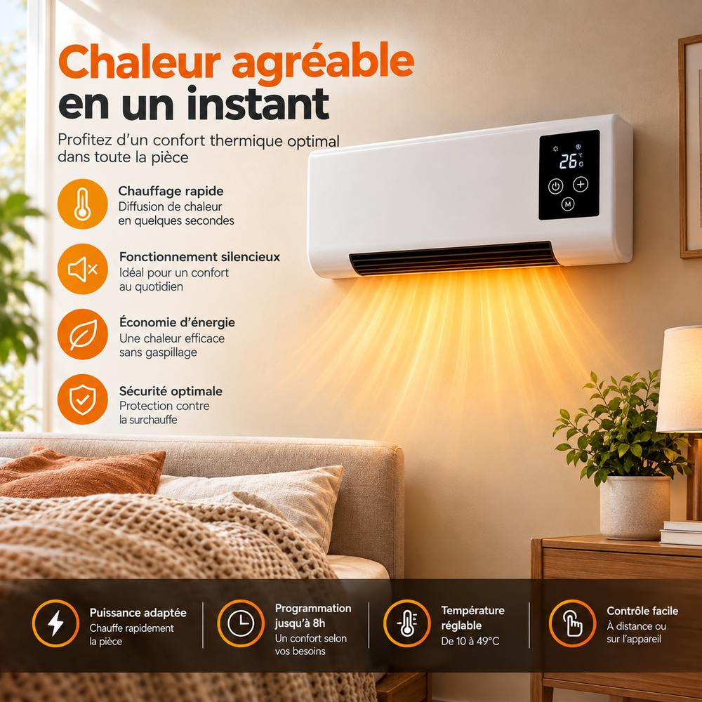 Radiateur électrique mural 2000 W avec télécommande, minuterie 8 h et écran LED