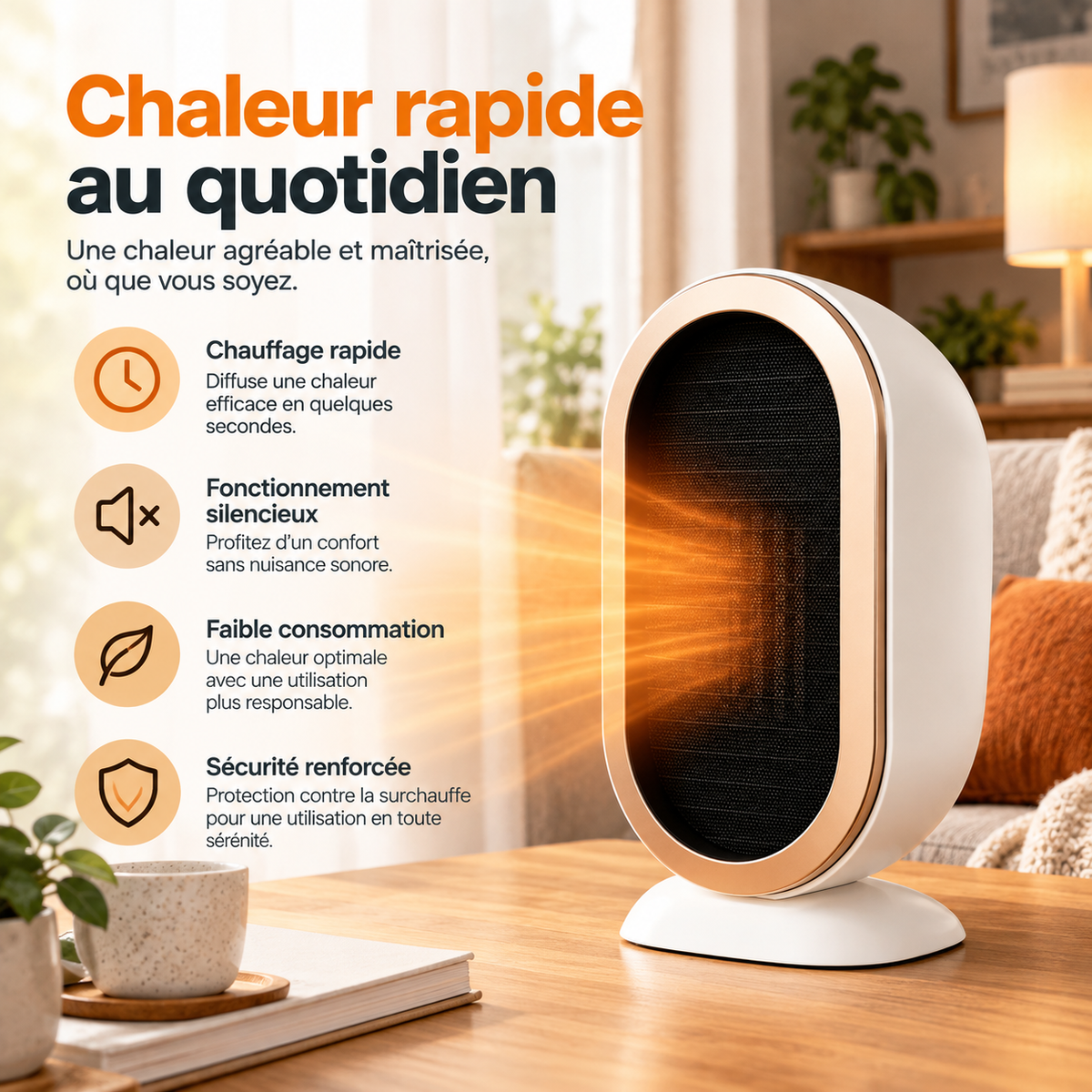 Mini Chauffage Électrique PTC 400W Portable, 2 Niveaux de Chaleur, Arrêt Automatique, Protection Surchauffe