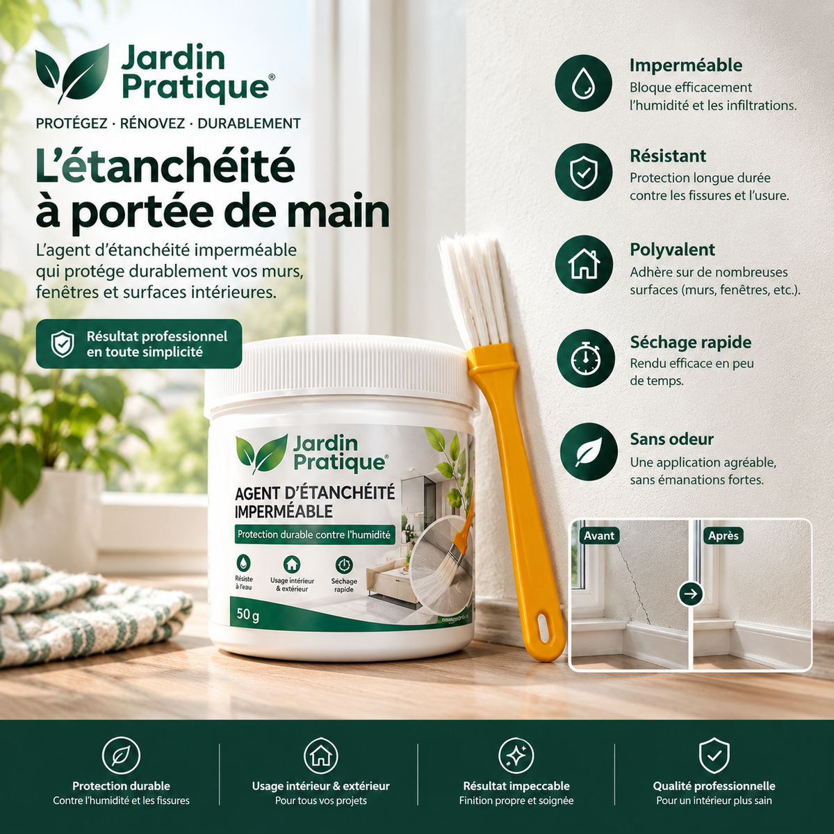 Gel d’étanchéité transparent anti-infiltration 50 g avec pinceau – Réparation fissures et joints
