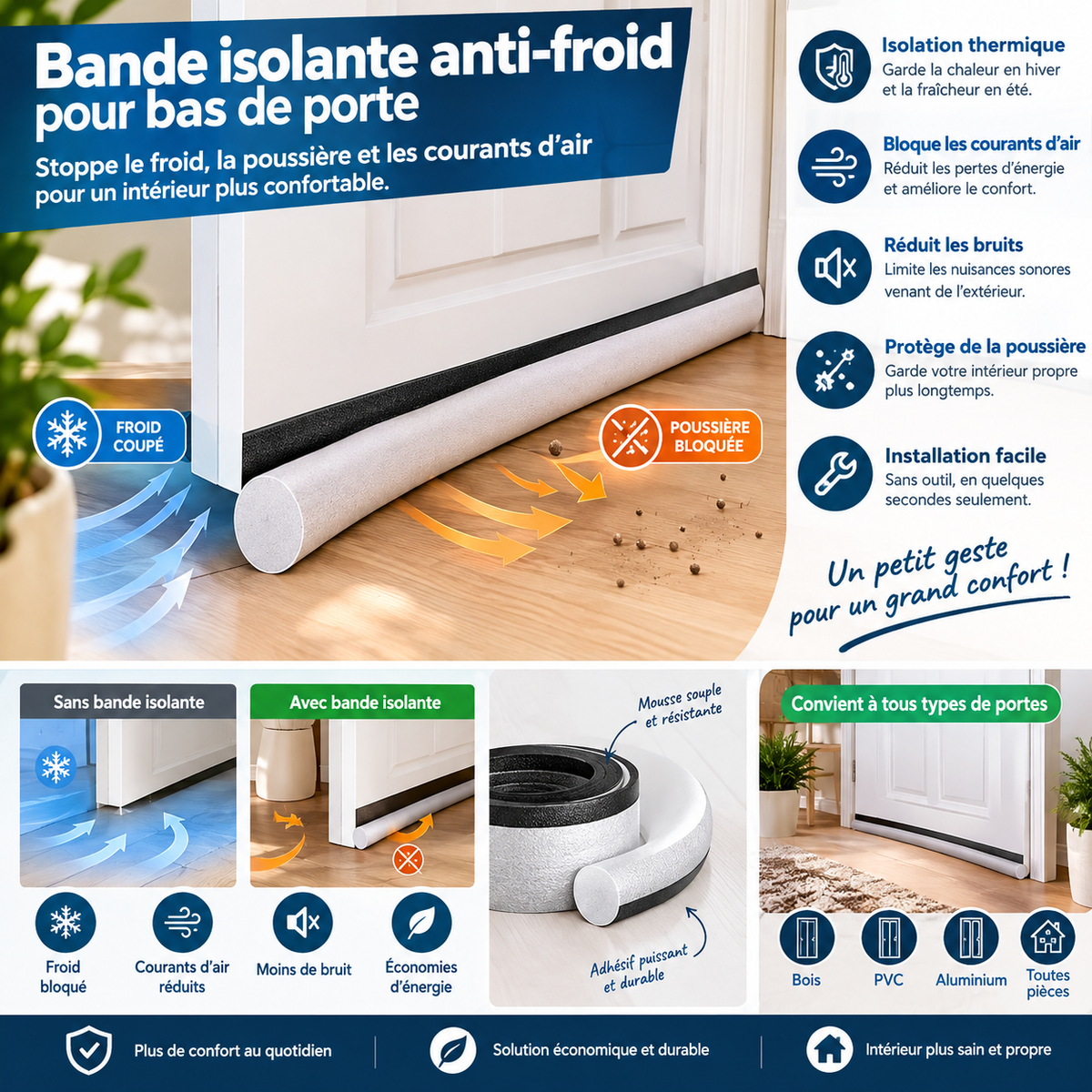 Bande Isolante Bas de Porte 96 cm – Joint Anti-Courant d’Air en Mousse PE – Isolation Thermique et Phonique