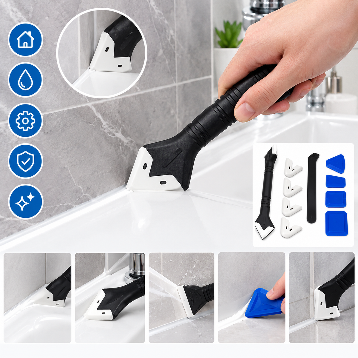 Outil 9 en 1 pour joints silicone – Lisseur et grattoir pour finition