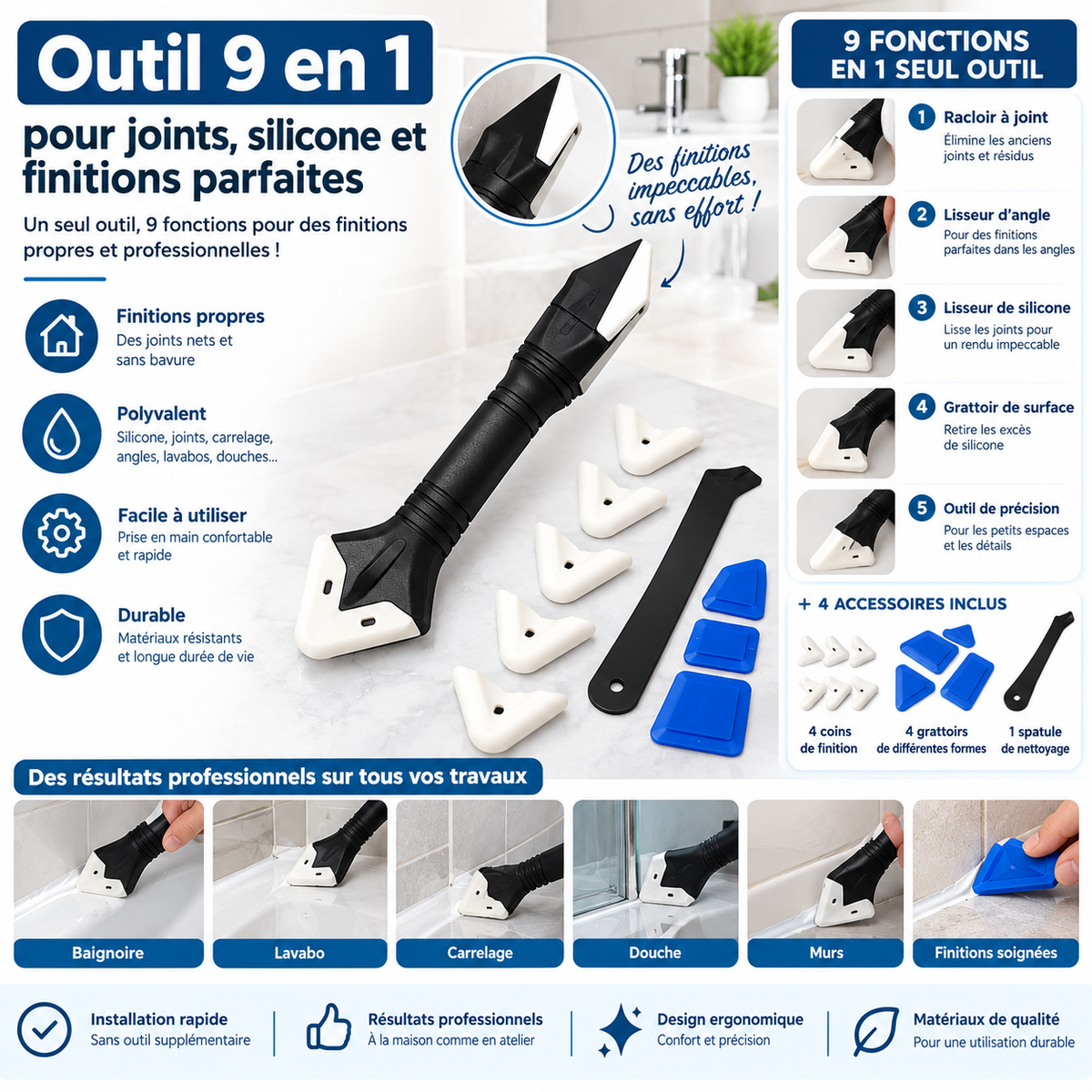 Outil 9 en 1 pour joints silicone – Lisseur et grattoir pour finition