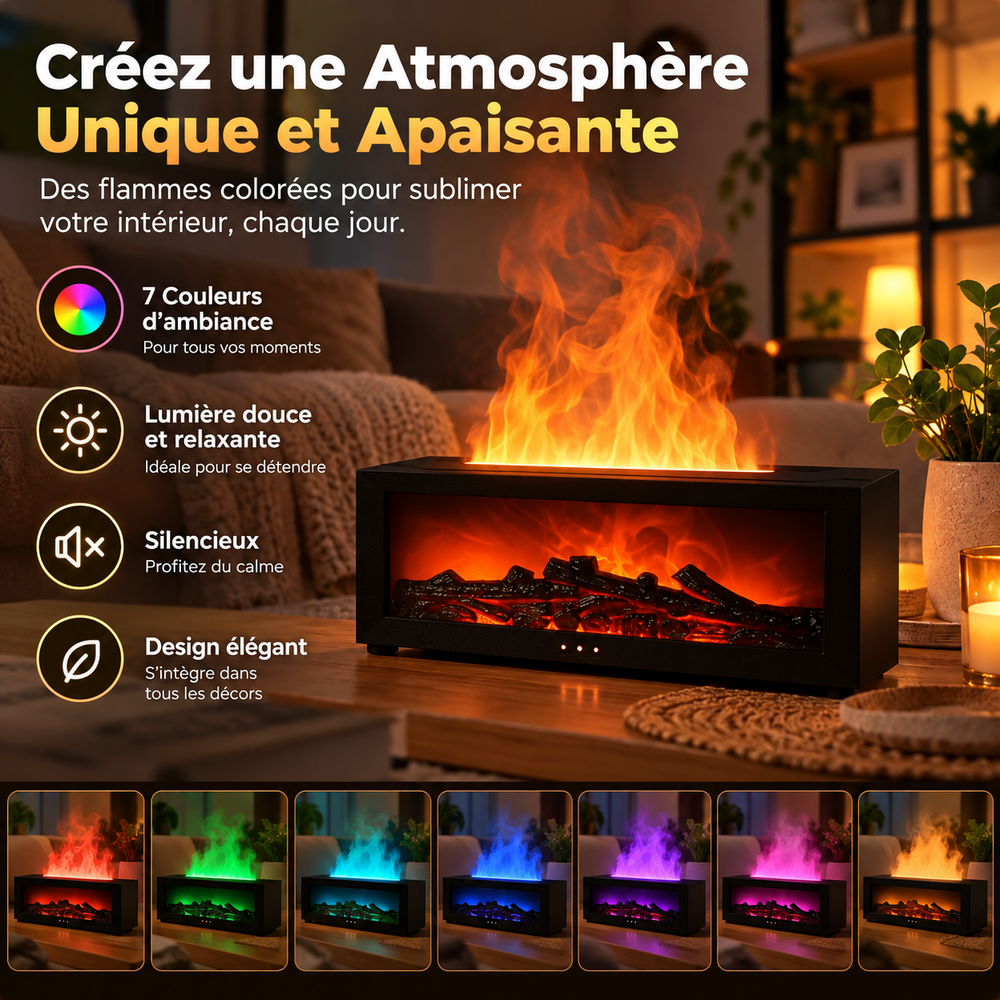 Diffuseur d’Arômes Effet Cheminée 3D 280 ml – Brume Ultrasonique, LED 7 Couleurs & Arrêt Automatique