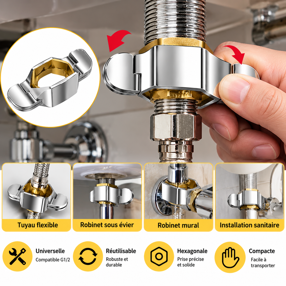 Clé de Serrage Amovible pour Raccords de Plomberie – Acier Inoxydable – Outil Compact pour Tuyaux et Flexibles
