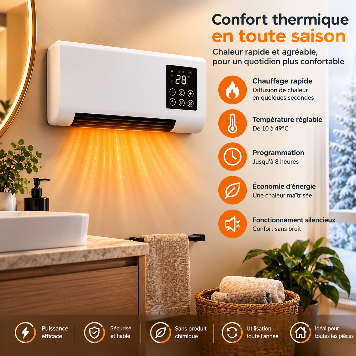 Radiateur électrique mural 2000 W avec télécommande, minuterie 8 h et écran LED