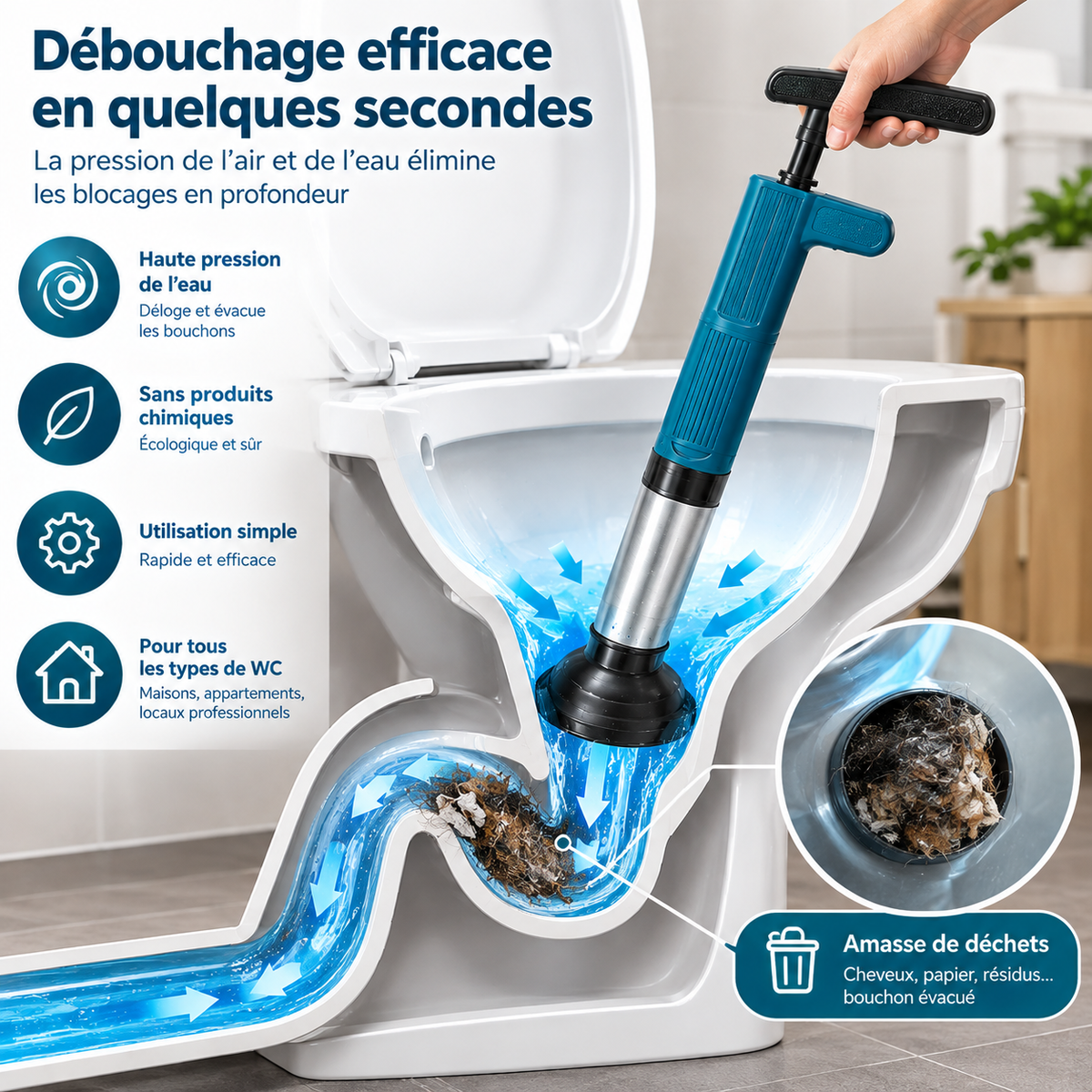 Déboucheur Électrique WC 5 Bar / 72 PSI – 3 Embouts, Tuyau 360°