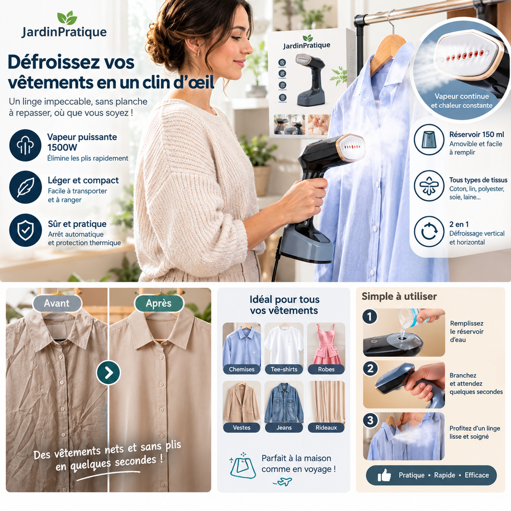 Défroisseur Vapeur 1500W Portable – Réservoir 150 ml, Chauffe Rapide, Fer à Vapeur Vertical et Horizontal