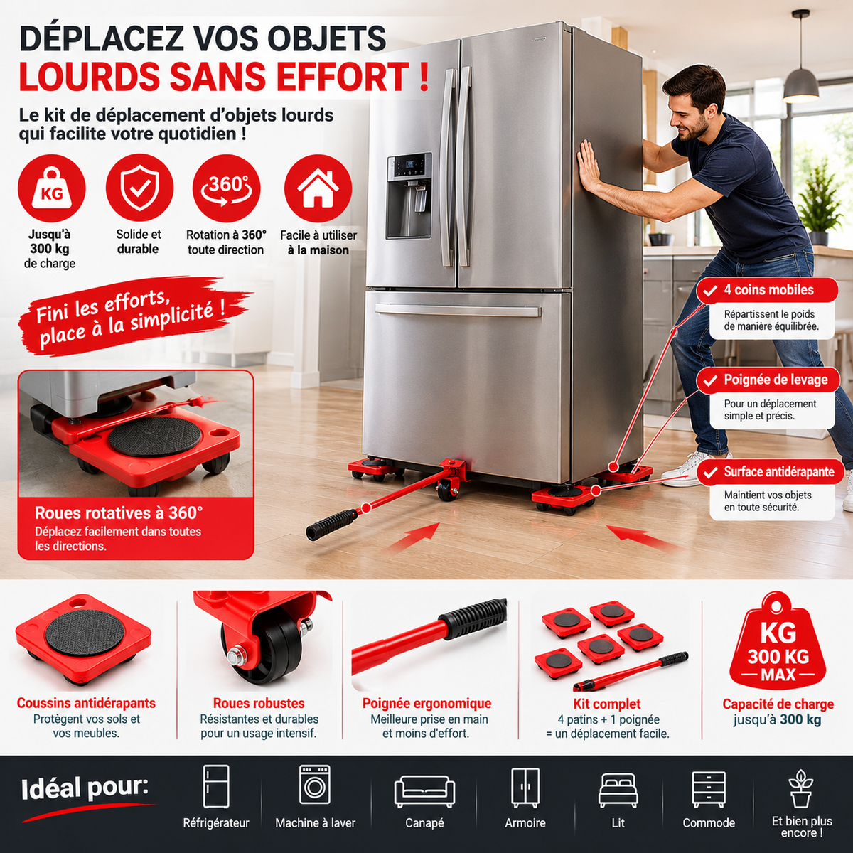 Kit de Déplacement de Meubles avec Levier et 4 Roulettes – Charge jusqu’à 300 kg, pour Réfrigérateur, Canapé, Lave-linge et Meubles Lourds