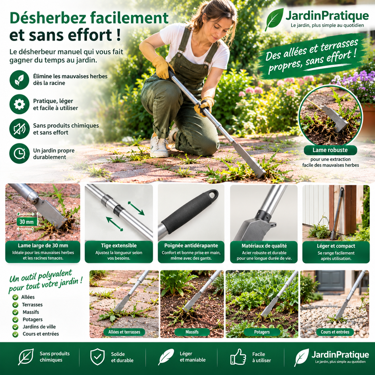 Désherbeur manuel en acier inoxydable, outil de désherbage pour allées, terrasses et joints