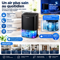 Déshumidificateur d’air portable 1000 ml – Silencieux, éclairage LED 7 couleurs, arrêt automatique, 36 W – Chambre, salle de bain et camping-car